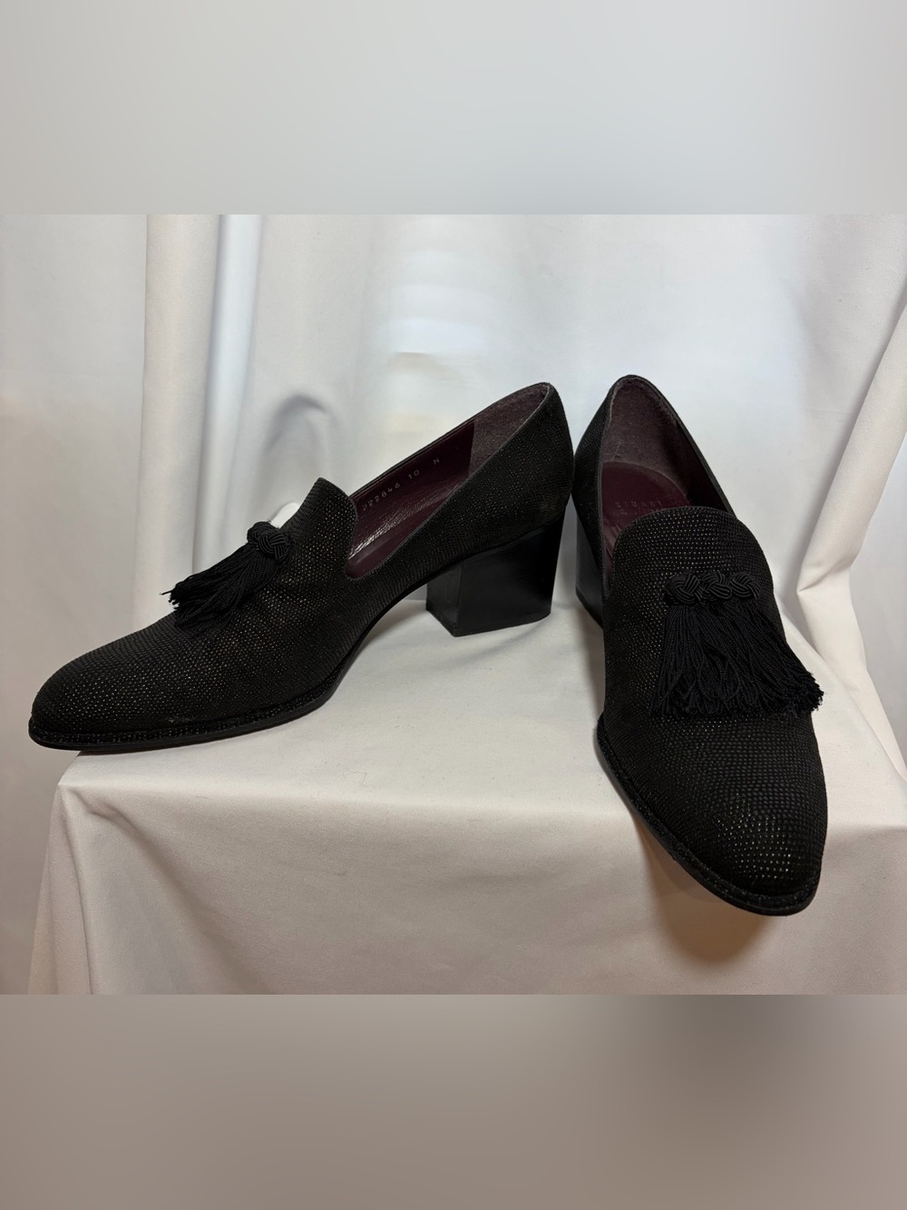 STUART WEITZMAN Black Leather Slip On w/ Block Heel & Tassels size 10N